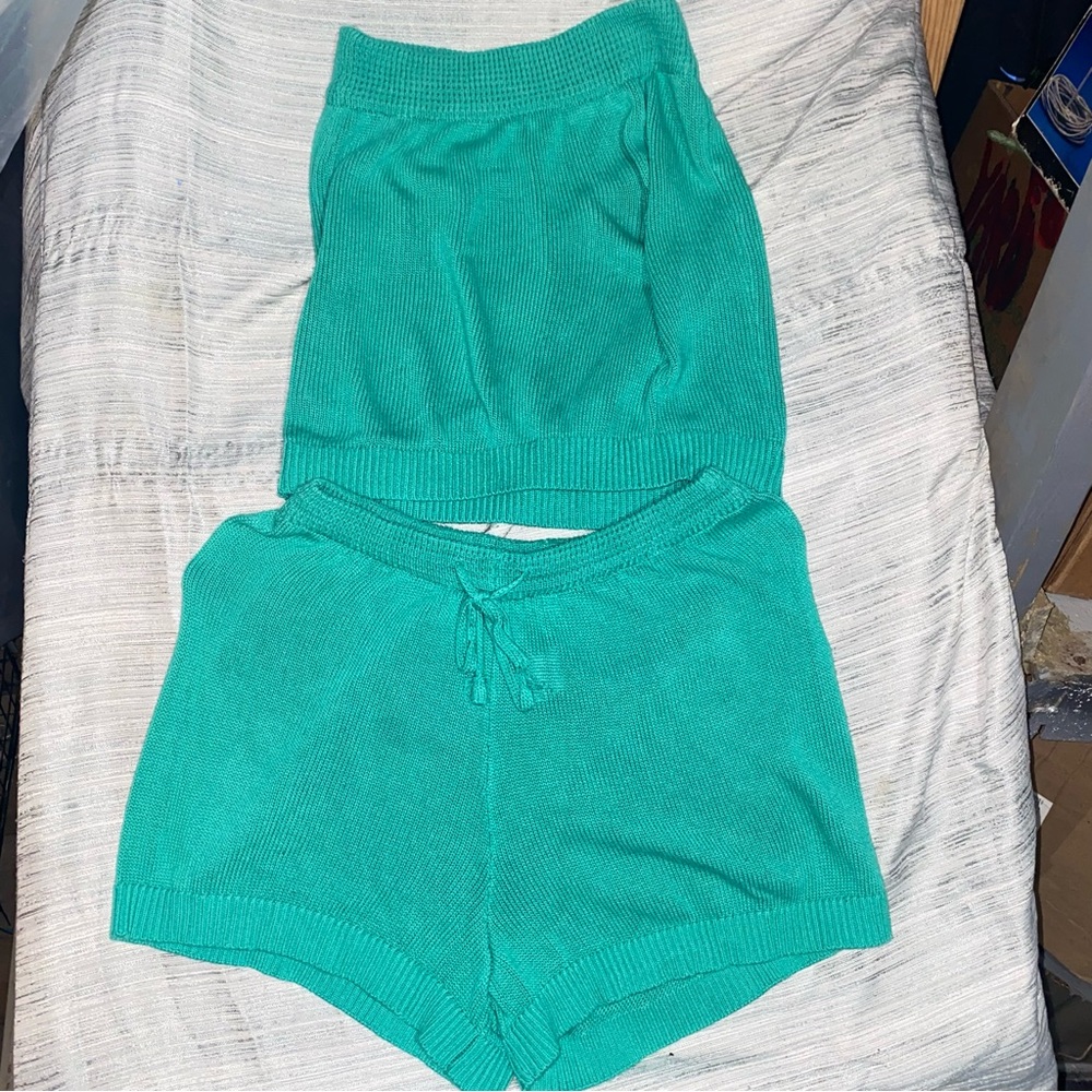 SHEIN Teal Knit Tube Top & Shorts Set